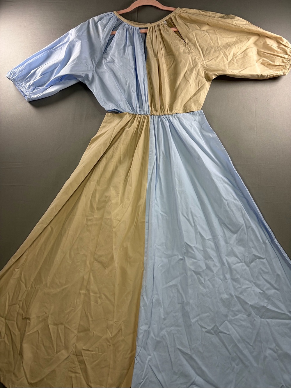 Mud Pie Two-Tone Beige and Light Blue Maxi Dress with Puff Sleeves
